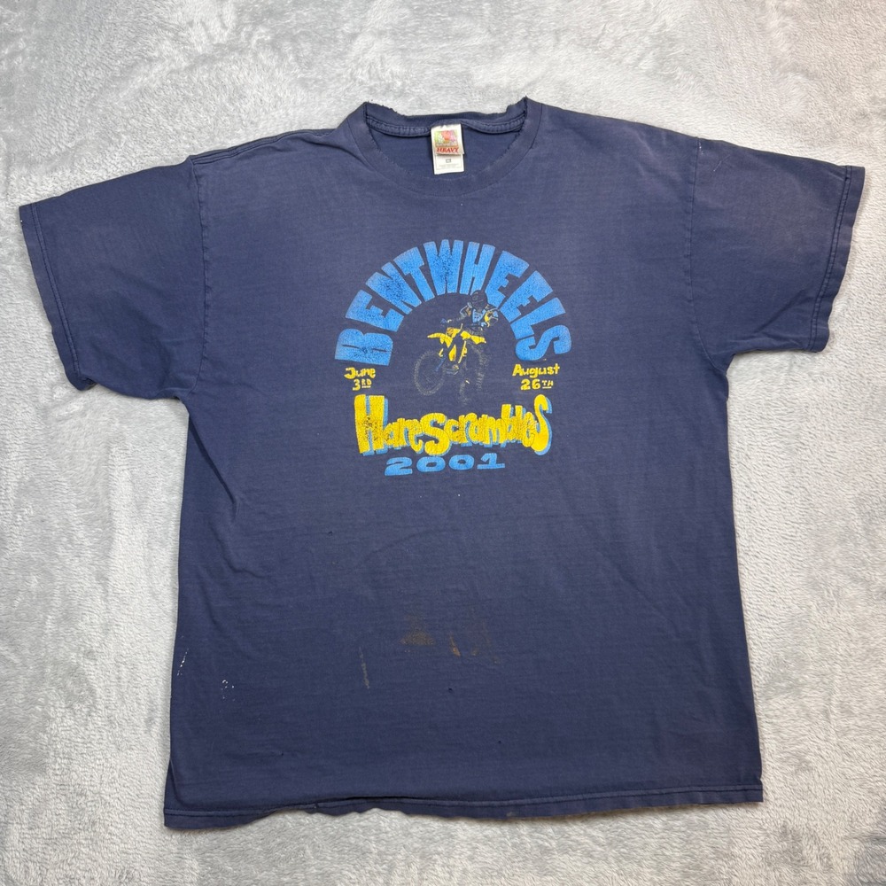VTG Motocross Bent Wheels Hare Scrambles Shirt Mens XL Blue Distressed Faded Y2K